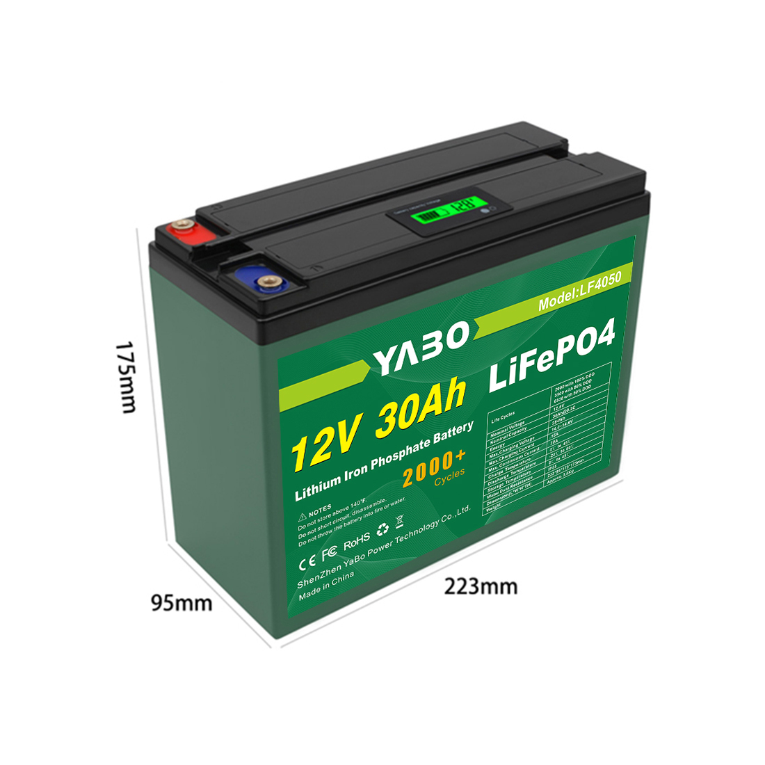 YABO Compact 12V 30Ah LFP Batterie LiFePO4 avec BMS